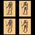 Ancient Egypt cards set, god Horus sons stylized images and names script. Four gods jackal, falcon, man, cynocephalus. Canopic