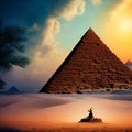 Ancient egypt civilization, robotand workers building pyramids. Historic event, monument by nile river. Generative AI.