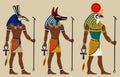 Ancient Egypt. Egyptian Gods, Set, Anubis, Ra. Vector illustration on light beige background.