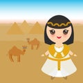 Ancient Egypt girl in national costume and hat. Cartoon children in traditional dress. Ancient Egypt, pyramids, desert, camels. Ve