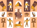 Ancient Egypt icons in flat style collage, vector illustration. Set of stickers with Egyptian landmarks, pyramid, sphinx