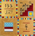 Ancient Egypt inspired art. Abstract symbols, hieroglyphics, pyramid, ancient slave workers climbing up stairs, square designs.