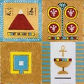 Ancient Egypt hieroglyphics, pyramid, cup with Ankh symbol of life, abstract square designs embellished with colorful frame border Royalty Free Stock Photo