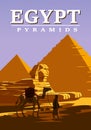 Ancient Egypt Pharaoh Pyramids Sphinx Vintage Poster. Travel to Egypt Country, Sahara desert, camel with egyptian. Retro Royalty Free Stock Photo