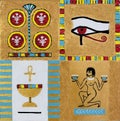 Ancient Egypt symbols abstract illustration on golden background. Horus eye, Cup with an Ankh cross symbol of life. Royalty Free Stock Photo