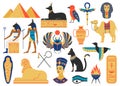 Ancient egypt symbols. Mythological creatures, egypt gods, pyramid and sacred animals. Egypt religion and mythology Royalty Free Stock Photo