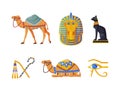Ancient Egypt symbols set. Egyptian traditional cultural and historical objects. Bastet cat, Ankh coptic cross, camel Royalty Free Stock Photo