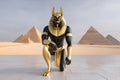Ancient egyptian anubis figure kneeling before pyramids Royalty Free Stock Photo