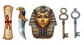 Ancient Egyptian artifacts including pharaoh mask, scroll, dagger, and keys Royalty Free Stock Photo