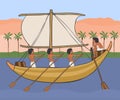 Ancient egyptian boat at Nile with pyramids background