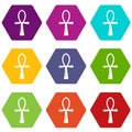 Ancient egyptian cross ankh icons set 9 vector