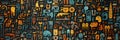 ancient Egyptian ethnic seamless patterns on black background with multicolored African tribal symbols and signs Royalty Free Stock Photo