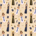 Ancient egyptian goddess and pharaons seamless pattern on light yellow background for print or wallpapers