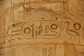 Ancient Egyptian hieroglyphs carved on the stone. The name of the Pharaoh in the cartouche