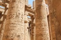 Ancient Egyptian hieroglyphs and symbols carved on columns of the complex of the Karnak temple Royalty Free Stock Photo