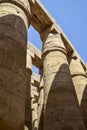 Ancient Egyptian hieroglyphs and symbols carved on columns of the complex of Karnak temple. Royalty Free Stock Photo
