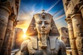 Ancient Egyptian Pharaoh Statue with Colossal Pillars and Sunburst Sky monument Royalty Free Stock Photo