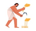 Ancient egyptian reaper peasant cuts wheat with sickle, flat vector isolated.