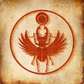 Ancient Egyptian sacred scarab stag beetle horns with wings. Red logo silhouette vector insect isolated on parchment background