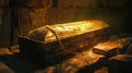 Ancient Egyptian sarcophagus in old tomb, stone grungy room in Egypt. Theme of pharaoh, antique, history, gold, mummy and culture Royalty Free Stock Photo