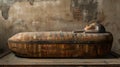 Ancient Egyptian sarcophagus in tomb, old stone grungy room in Egypt. Theme of pharaoh, king, antique, mummy and culture Royalty Free Stock Photo