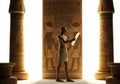 Ancient Egyptian Scroll and Temple Pillars An ancient Egyptian scribe studies a papyrus scroll within a grand temple surrounded Royalty Free Stock Photo
