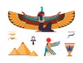 Ancient Egyptian Symbol with Isis Goddess, Horus God, Ankh, Vase and Pyramid Vector Set Royalty Free Stock Photo