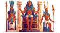 The ancient Egyptian wall art element cartoon modern shows the pharaoh sitting on his throne and armed men in the