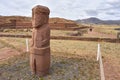 The ancient `El Fraile` monolith at the Tiwanaku archeological site, near La Paz, Bolivia