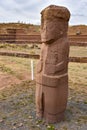 The ancient `El Fraile` monolith at the Tiwanaku archeological site, near La Paz, Bolivia