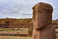 The ancient `El Fraile` monolith at the Tiwanaku archeological site, near La Paz, Bolivia