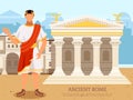 Ancient emperor near roman pantheon temple building with columns, antique culture vector poster Royalty Free Stock Photo