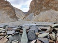 Ancient engraved stones in the remote mountains of the Valley of Markah in Ladakh, India.