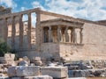 Ancient Erechtheion Caryatids in Acropolis on sunny day Royalty Free Stock Photo