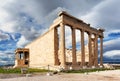 Ancient Erechtheion Greek temple on sunset with Porch of the Caryatids at Acropolis in Athens, Greece Royalty Free Stock Photo