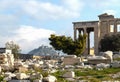 Ancient Erechtheion temple on Acropolis hill in Athens, Greece with pillars and statues, soft focus