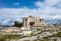 The ancient Erechtheion temple with the Caryatid pillars on the porch, at the Acropolis