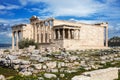 The ancient Erechtheion temple with the Caryatid pillars on the porch, at the Acropolis Royalty Free Stock Photo