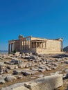 Ancient Erechtheion temple with Caryatid Porch on Acropolis, Athens, Greece. Famous Acropolis hill is top landmark of Athens. Royalty Free Stock Photo