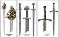 Ancient Europe weapon - set of swords. Viking`s sword, sword knights crusaders, broadsword of the highlanders of Scotland. Royalty Free Stock Photo