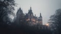 Ancient European castle with glowing lights in windows at twilight. Generative AI Royalty Free Stock Photo