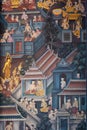 Ancient famous Thai mural wall paintings attached at building along inner wall around chapel portrays story of Buddhist history at Royalty Free Stock Photo