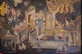 Ancient famous Thai mural wall paintings attached at building along inner wall around chapel portrays story of Buddhist history at