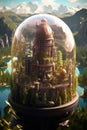 ancient fantasy castle surrounded by mountains and green trees and brown rivers and lakes in closed glass jars.
