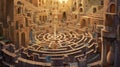 Ancient fantasy circular stone labyrinth with a central pattern surrounded by arches and staircases Royalty Free Stock Photo