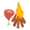Ancient fire icon isometric vector. Process of cooking raw meat at bonfire icon Royalty Free Stock Photo