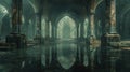 An evocative image displaying an ancient flooded crypt or temple interior with Gothic architecture. The scene is shrouded in Royalty Free Stock Photo