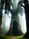 Ancient forest. Elven temple round arch. Generative AI