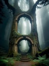 Ancient forest. Elven temple round arch. Generative AI