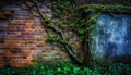 Ancient forest growth on old brick wall, nature beauty preserved generated by AI